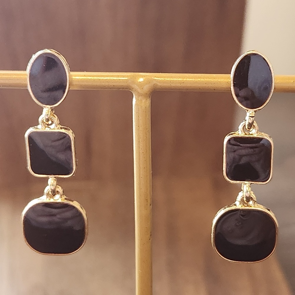Gold Tone Brown Enamel Tiered Geometric Drop Dangle Earrings Women Modern Chic